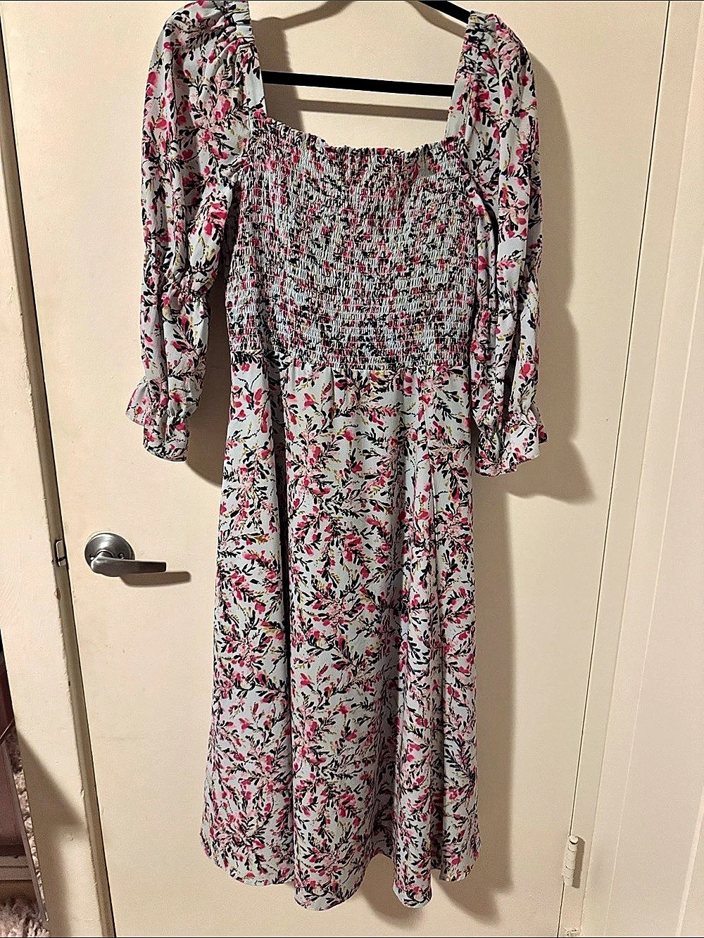 French Connection Floral Smocked Midi Dress in White & Pink Size Medium Like 